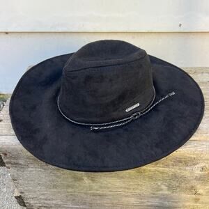 Vince Camuto Black Cowgirl Hat Braided Cord Band Faux Suede Leather O/S NWT